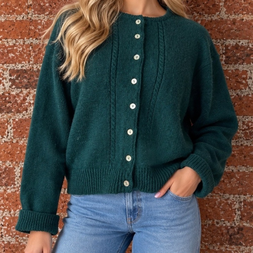 Forest Green 100% Shetland Wool Cable Knit Cardigan Sweater L Fall Preppy Classy